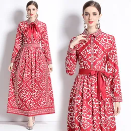 Retro floral vermelho maxi vestido feminino designer manga longa lapela botão magro pista ruched vestidos robes 2023 outono inverno casual férias fita arco vestidos de festa