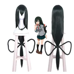 Kahramanım Academia Asui Tsuyu Cosplay Party için Uzun Düz Yeşil Yay Saç Tam Peruk Kostümleri