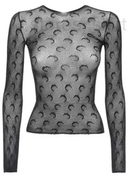 Koszulki damskiej projektantka księżyca nadrukowane przezroczyste mesh t-koszulki seksowne kobiety o-deterk długie rękaw Slim Podstawowy swobodny topy Spring Designer D5HB