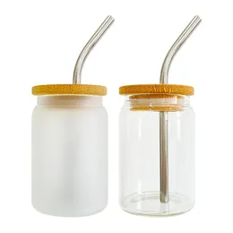 warehouse clear frosted blank sublimation Borosilicate 3.5oz mini shot glass can with bamboo lids and metal straws drinking tumblers for iced coffee