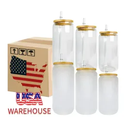 CA US Warehouse 16oz Sublimation Glasses Beer Mugs with Bamboo Lids and Straw Tumblers DIY Blanks Cans Heat Transfer Cocktail Iced Cups Mason Jars