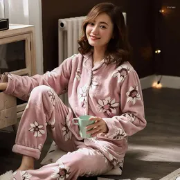 Damen-Nachtwäsche, Winter-Pyjama-Set, dickes Flanell, Blumendruck, sexy Pyjama, weibliches Zimmer, lange Hose, 2 Teil/Set, Kleidung