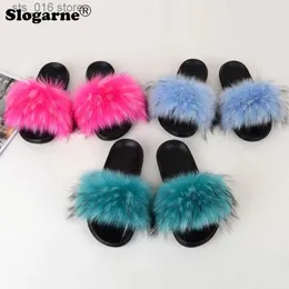 Furry House Slides Sandals Summer Women Raccoon Scarpe soffici Female Slifori in pelliccia in finta volpe per interni T231023 443