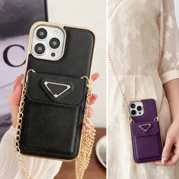 Luxury Triangle Card Pokcet Telefonfodral för iPhone 15 14 13 12 Pro Max Classic Leather Shell Back Cover Anti-Scid Shoulder Bag Style Chain Fashion Lady Girl Gift