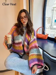 Womens Sweaters Striped Crochet Colorful Knitted Cardigans Women Autumn Elegant Sleeve Open Stitch Sweater Female Fashion Streetwear Jackets 231023