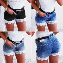 Kvinnors shorts kvinnor denim shorts stretch spets sömnad jeans shorts damer avslappnad harajuku femme ropa pantnes cortos mujer verano t231023