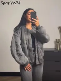 Pele feminina faux cinza gola zíper mulheres bombardeiro casaco de algodão lanterna manga oversized solto bolso jaqueta 2023 outono inverno chique outwears 231023