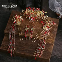 Hårklämmor Himstory Traditionell kinesisk brudhuvudbonad Ancient Hairpin Long Tassel Sticks Pärlade bröllopstillbehör