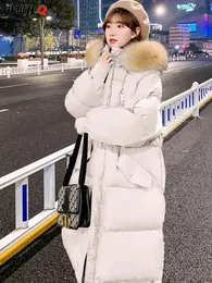 Parka da donna in piumino invernale con collo in pelliccia sintetica Parka lungo con cappuccio da donna 95 kg giacche in cotone caldo allentato moda coreana abbigliamento da neve cappotti trapuntati imbottiti 231023