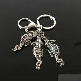 Keychains Lanyards Euramerican Seahorse Pearl Cage Key Ring Can Open Hollow Noctilucent Volcanic Stone Pendant Keyring Drop Delivery Dhroe