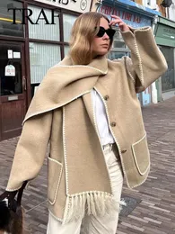 Womens Wool Blends TRAF Winter Women Woolen Coat Patchwork Tassel Coats With Scarf Long Sleeve Pocket Single Breasted Jacket Woman Outerwear 231023