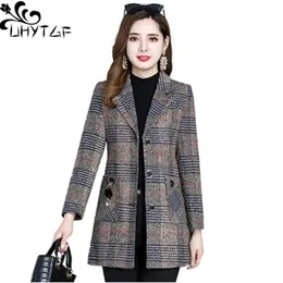 Misto lana da donna UHYTGF 5XL Giacca taglia ampia Moda donna Plaid Autunno Inverno Cappotto di lana Donna Casual Cappotti femminili Abrigos Mujer Invierno 334 231021