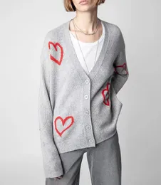 23AW Hoodie Zadig Voltaire Designer Sweter Płaszcze ZV Trend mody Slim Cardigan Wool Red Heart Classic Style V-dół kobiety swobodny wszechstronny dzianin