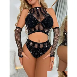 Women'S Tracksuits Womens Sexy Women Fishnet Set Shiny Solid Two Piece Halter Crop Top Shorts 2 Pieces Hollow Out Cloghet Drop Deliv Dhlfi