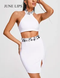 Work Dresses JUNE LIPS 2023 Hanging Neck Tank Top Skirt Set White Bandage Dress Women's Sexy Club Party Two Piece Wholesale