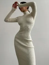 Городские сексуальные платья XIZOU вязаное белое платье с высоким воротником и длинным рукавом облегающее осень-зима элегантное вечернее вечернее черное платье для женщин 231023