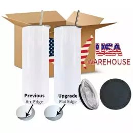 USA Warehouse Sublimationsbecher, 20 oz, doppelwandig, isoliert, gerade, leer, weißer Wasserbecher aus Edelstahl mit Deckel und Strohhalm für die Wärmeübertragung