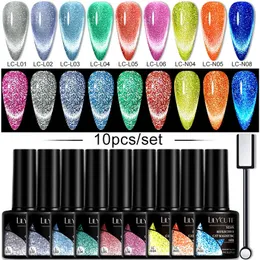 Pós acrílicos Líquidos LILYCUTE 10PCSSET Gel Unha Polonês Luminoso Reflexivo Gato Magnético Com Vara Brilho No Escuro Kit UV Arte 231023