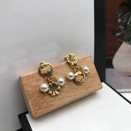 Lyxdesignerörhängen, 14k guld mässingsmaterial dubbel alfabet vintage blommig pärlhängen örhängen, fröken charm, jul, högkvalitativa gåvor, grossist