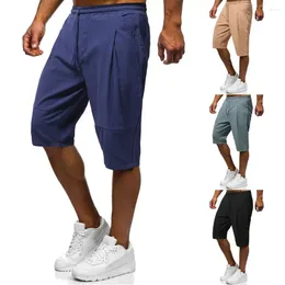 Män shorts last lös lutning casual fickor knä längd linne fast färg sommar män kläder