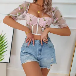 Women's Shapers Summer Spicy Girl Underwire Top Bubble Sleeve Perspective INS Style Office Work Casual Wear Women Pink Embroidery Short