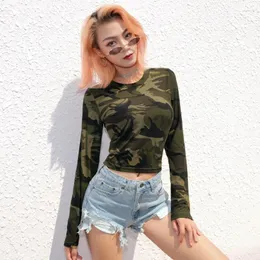 Mulheres Camisetas Liberjog Mulheres Camuflagem T-shirt Sexy Back Hollow Out Manga Longa Crop Tops Stretch Slim Malha Tee Primavera Outono Feminino