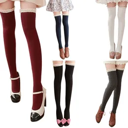 Women Socks Cable Knit Thigh High Stockings With Lace Trim Striped Over Knee