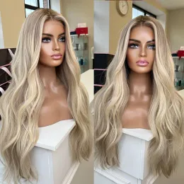 Full Lace Front Wig Warm Blonde Highlights Human Hair Wigs HD Invisible Lace with Natural Roots Slight Wavy Lace Front Wig Synthetic For Women