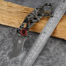 High Hardness Sharp Karambit Knife Stainless Steel Curved Blade Tactical Folding Knife Print Steel Handle for Hunting Camping Fishing and Field Survival