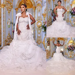 Удивительные кружевные свадебные платья русалки с рюшами и бисером Свадебные платья на тонких бретельках с вырезом и скользящим шлейфом из органзы Vestido De Novia