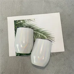 Übertragung 12oz Hitze Weiß Schimmer Glitzer Blank Sublimation Stemless Weinglas Tumbler mit Schleife Deckel kalt für den Schwanz bereit, um zu versenden 4.23