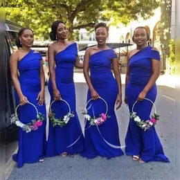 Abiti da damigella d'onore taglie forti sudafricani per matrimonio Royal Blue Elegante raso da donna Abiti da festa formali Una spalla Sweep Train Sirena Abito da sposa CL2805