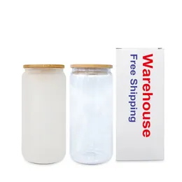 US/CA Stocked 16oz Sublimation Glass Mugs Tumblers Cups with Bamboo Lid And Straw Clear Frosted Blanks Glass Water Bottles Juice Soda Jars For DIY Printing 0516