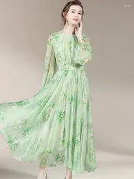 Casual Kleider Echte Seide Kleid 2023 Frühling High-end-Grün Blumen Frauen Kleidung Langarm Maxi Für Vestido Zm3322