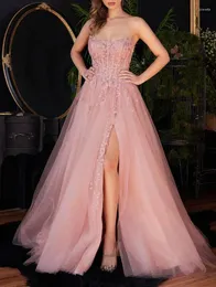 Party Dresses Elegant Long Evening Glitters Tulle Women Lace Applique Beaded Illusion Puffy Sleeves Slit Formal Prom Gowns