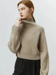Suéteres femininos fsle curto alto pescoço camisola outono inverno 2023 solto preguiçoso lã sólida mulheres grossas