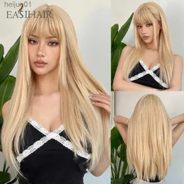Synthetic Wigs EASIHAIR Blonde Golden Long Straight Synthetic Wigs with Bangs Beige Lolita Hairs Wig for Women Daily Party Heat Resistant FiberL231024
