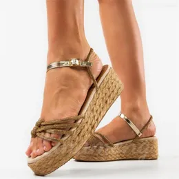 Bow Rhinestone Sandals Golden Espadrilles Raffia Heels Platform Design Design Buckles Summer Summer Musticived for Multicolor 4385