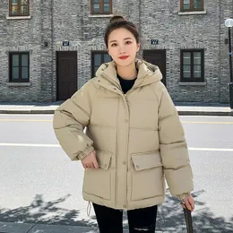 Herrvästar crriflz Autumn Winter Women's Stand Collar Hooded Warm Parka Jackor Solid Big Pocket Button Dam Damare Loose Cotton Coat 231023