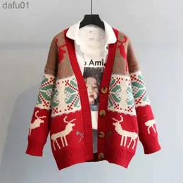 Kvinnors tröjor Kvinnor julhjortar Cardigan Crop Sweater Coat Red Knitting 2023 Nya koreanska kläder Lossa nyåret Retro tröjor för WOML231024