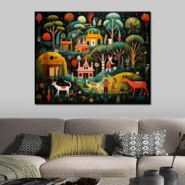 Abstract Mexican Folk Art Landscape Canvas Poster Painting Picture Framed for Living Room Decor