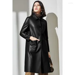 Женская кожаная дубленка средней длины 2023, весенне-осеннее свободное пальто для женщин, модная куртка из натуральной кожи, женская одежда Femme