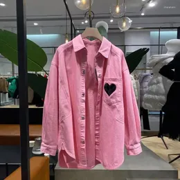 Kvinnors blusar 2023 Spring Fashion Peach Powder Love Loper Sleeve Denim Shirts Mid-long Cotton Cardigans Top Full Outerwear