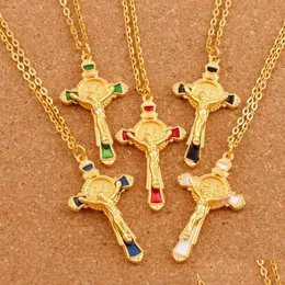 Pendant Necklaces 5Colors Enamel Cristo Redentor Benedict Medal Crucifix Pendant Necklaces 24 Inches Chains Gold Catholicism Plated Cr Dhpxp