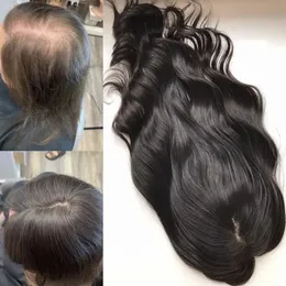 Spetsspår Wavy 15x16cm Virgin Human Hair Topper för kvinnor 2mc PU runt kinesiska Toupee 5 -klipp i fint hårstycke 231024