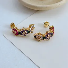 Stud Earrings Colored Zircon Encrusted C-shaped Metal