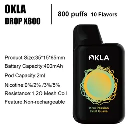 OKLA DROPX 800 Puff vape descartável caneta vape descartável kit inicial de cigarro eletrônico 0% 2% 3% 5% atacado vapers desechables 2ml 10 sabores