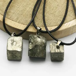 Pendant Necklaces Natural Pyrite Raw Ore Irregular Mineral Healing Leather Rope Necklace Reiki Charms Fashion Jewelry Accessories Gift 1Pc