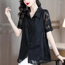 Camicette da donna Camicetta da donna in chiffon 2023 Estate monopetto con collo a polo Colore puro Camicia a maniche corte allentata di mezza età Abbigliamento donna T625