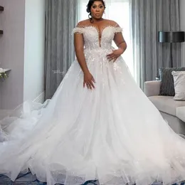 Vestido de casamento de luxo para a noiva 2024 sheer neck lace up back major beading lantejoulas pérolas plus size mulheres áfrica vestidos de noiva vestidos de novia